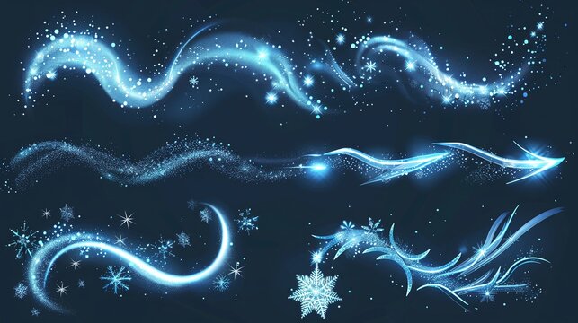 A magical winter scene with shining snowflakes and swirls of glowing light on a blue background.