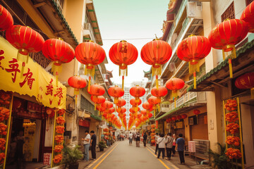 Red Chinese lanterns illuminate the temple, a vibrant symbol of Asian culture and celebration