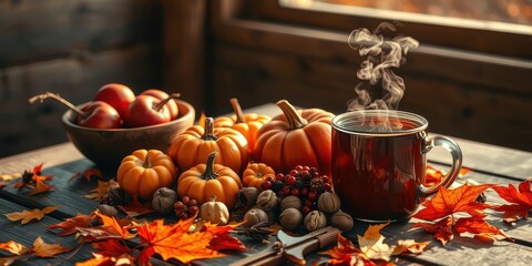 Fototapeta premium A steaming cup of tea, nestled among autumnal pumpkins and leaves, evokes a sense of warmth and tranquility.