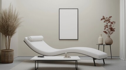 Bright Scandinavian living space highlighting simplicity with a white chaise lounge, simple coffee table, and uniquely angled 3D mockup poster.