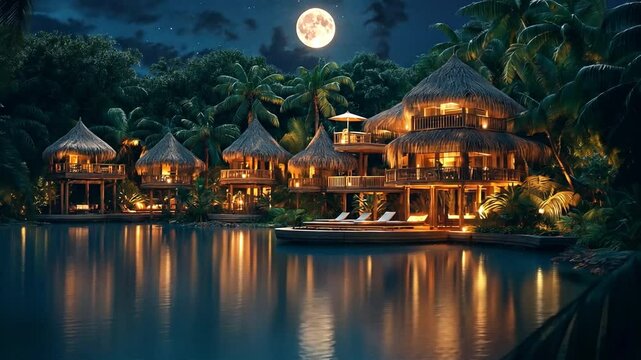 At night, a tropical resort on the lagoon