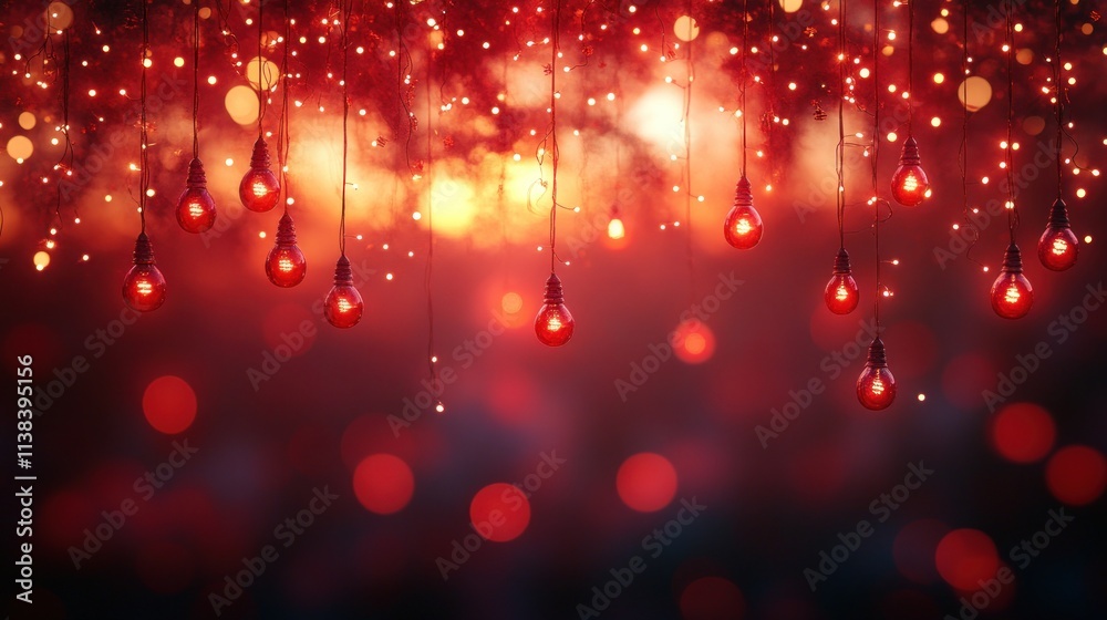 Poster a vibrant display of red hanging lights against a blurred background, creating a festive atmosphere.