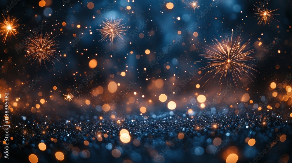 Poster a vibrant display of sparkling lights and fireworks against a dark, shimmering background.