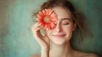 Portrait of a happy young woman holding Gerbera daisy covering her eye with eyes closed