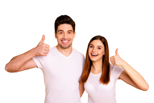 Close up photo funky funny amazing she her he him his hands arms thumb fingers raised air tested information advising product buy buyer wear casual white t-shirts outfit isolated yellow background