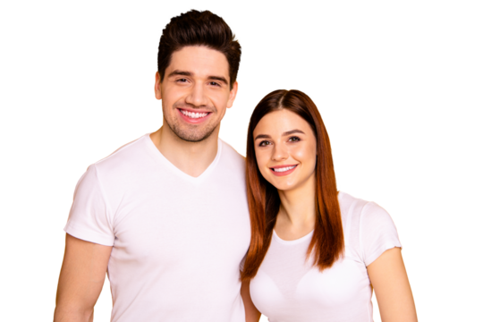 Close up photo funny amazing beautiful she her he him his guy lady standing hugging sincere beaming smile easy-going best fellows buddies wear casual white t-shirts outfit isolated yellow background
