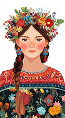 Girl With Floral Crown And Embroidered Dress