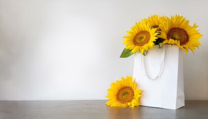 A white paper bag template. Yellow sunflowers in the bag, plain white background, daylight. Mockup for florist business, postcard, giftcard, sale.