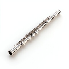 Fototapeta premium A sleek silver flute lying on a flat surface, showcasing its keys and smooth finish, symbolizing musical elegance and craftsmanship.