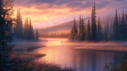 Fototapeta premium River valley and pine forest at sunrise, mysterious fog rolling through and golden light adding a magical touch.