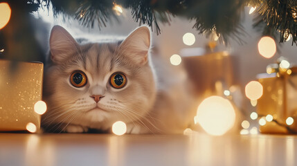 cat under Christmas tree