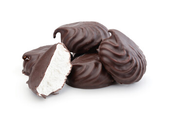 Marshmallows covered in chocolate isolated on white.