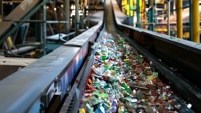 Conveyor belt is moving forward, carrying small, colorful pieces of crushed plastic. The plastic pieces are being transported through an industrial facility