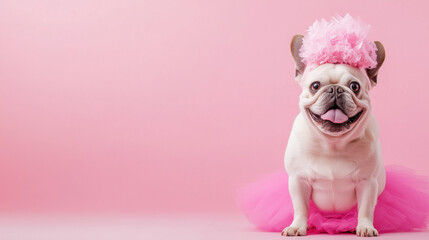 bulldog dressed up as princess with ugly wig and tutu