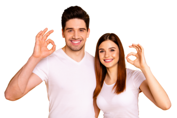 Close up photo funny amazing beautiful she her he him his guy lady hands arms show okey symbols stand hugging sincere beaming smile  wear casual white t-shirts outfit isolated yellow background