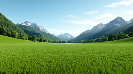 Fototapeta premium Lush green landscape with mountains under a clear blue sky.