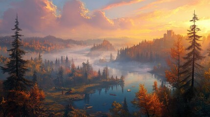 Fototapeta premium River winding through a foggy valley, with pine trees and sunrise light creating a peaceful, breathtaking view.
