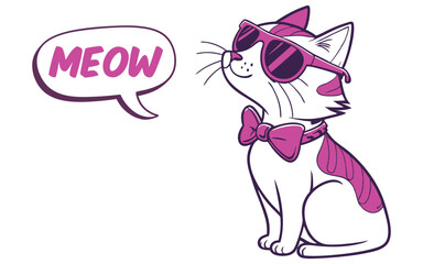 Stylish cartoon cat with sunglasses, bow tie, and collar, in pink accents, sitting confidently. Speech bubble says 'MEOW' in bold pink letters. Trendy and playful illustration.
