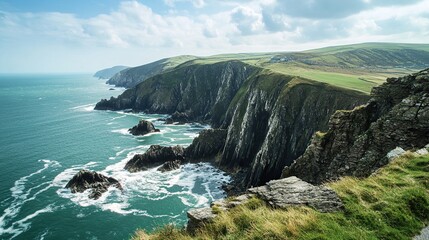 A scenic coastal road winding along dramatic cliffs, with turquoise waves crashing against the rocks below
