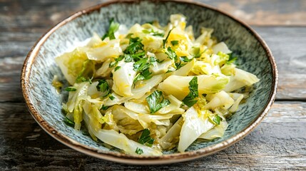 A side dish of sauteed Chinese cabbage with parsley, placed on a cracked ceramic plate atop a distressed wooden table