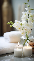 A spa setting featuring a towel rolled up beside lit candles and smooth stones. Fern leaves and a small bowl of black pebbles add to the serene atmosphere, set against a warm wooden background.
