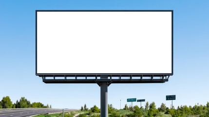 A blank billboard beside a highway under a clear blue sky.