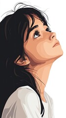 Young Woman Gazing Upwards With Long Dark Hair