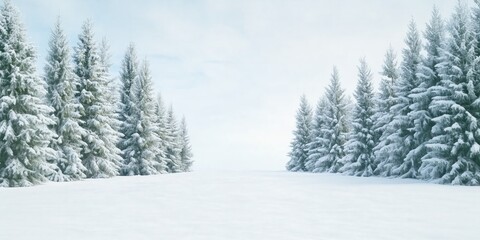 Fototapeta premium Snow-covered landscape with evergreen trees creating a serene winter atmosphere in a tranquil forest setting