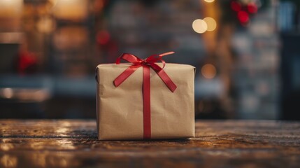 Gift box wrapped with brown paper and red ribbon on a warm background