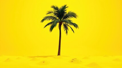 A solitary palm tree stands tall against a vibrant yellow sky, casting a shadow on the golden sand dunes below.