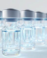 Glowing syringes and ampoules laboratory setting digital scientific environment close-up view medical concept