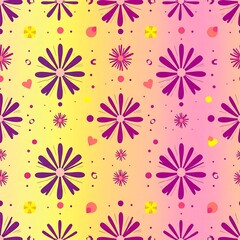 Floral Delight Seamless Pattern: A vibrant and cheerful pattern featuring a gradient background of yellow and pink, adorned with purple stylized flowers, hearts, and dots.
