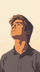 Fototapeta premium Young Man Gazing Upward Contemplative Expression
