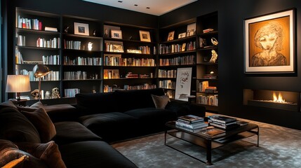 Luxurious dark library with sectional sofa, built-in bookshelves, artwork, and fireplace.