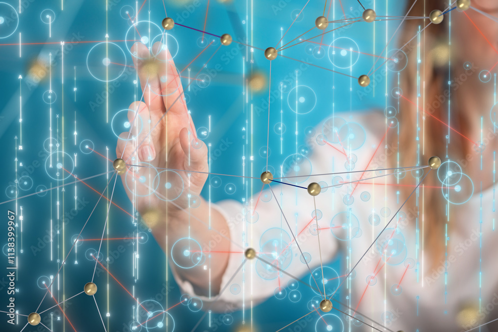 Poster Neural network 3D illustration. Big data and cybersecurity