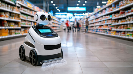 robot with sleek design cleaning floor in grocery store aisle