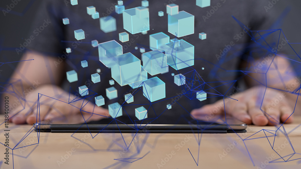 Poster abstract lines with dots over dark background.  - neural network exposure digital
