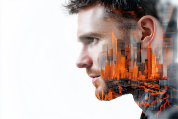 Double exposure of a man’s profile blended with a futuristic city skyline in vibrant orange tones, symbolizing vision and urban innovation