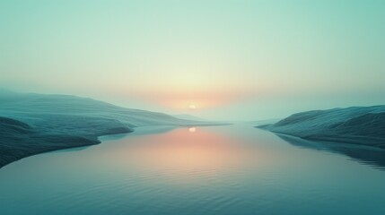 Fototapeta premium Serene sunset over calm river reflecting sky.