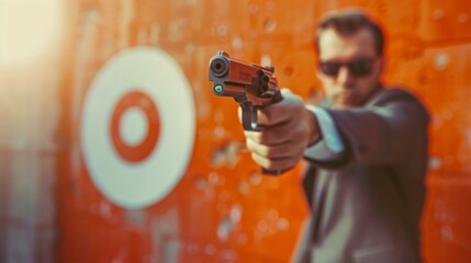 CEO in sleek business suit confidently aiming toy pistol at target on wall, symbolizing strategic leadership and decision-making in corporate environment.