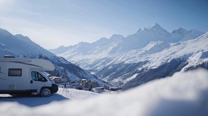 Snowy peaks of the French Alps from a mountaintop, a motorhome and camping setup embracing the winter adventure vibe.
