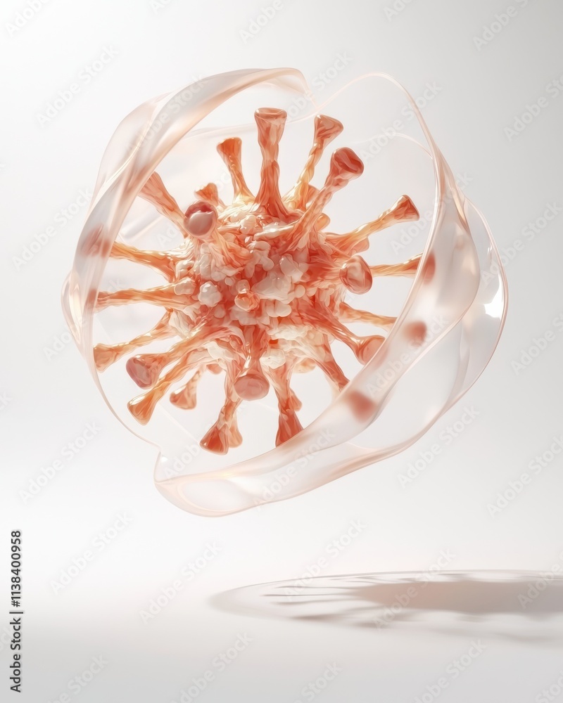 Poster surreal virus particle with semi-transparent layer laboratory setting digital art minimalist design 