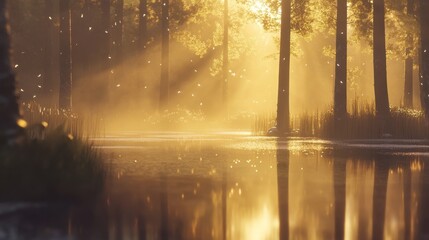 Sunrise in Finland over a quiet forest lake, frost sparkling under golden light, mighty trees framing fog and reflections.