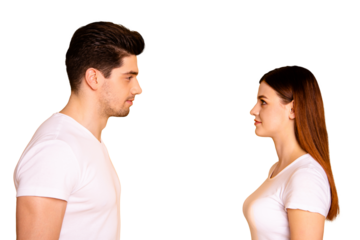 Close up side profile photo funny beautiful she her he him his guy lady stand opposite wait first who take eyes off each other lovely look wear casual white t-shirts outfit isolated yellow background