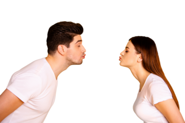 Close up side profile photo amazing beautiful she her he him his guy lady bonding ahead each other need kisses tenderness spread lips wear casual white t-shirts outfit isolated yellow background