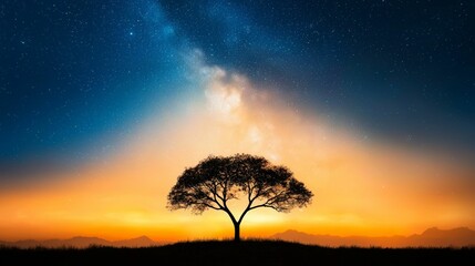 background concept. A solitary tree under a starlit sky at twilight, creating a serene landscape.