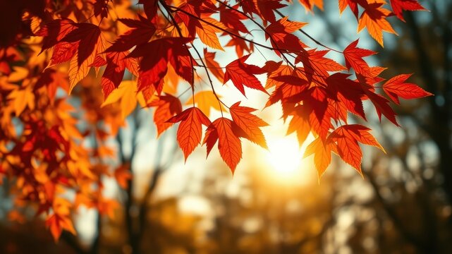 Golden sunlight filters through the vibrant red leaves of a maple tree, creating a breathtaking display of autumnal beauty.