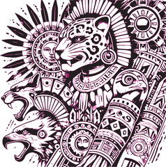 This image features an intricate Aztec-inspired design, depicting a jaguar warrior adorned with detailed tribal patterns, ornate headdresses, sun motifs, and animal spirits, showcasing fierce symbolis © The Ultimate