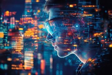 Obraz premium Futuristic Teenager in VR Glasses Cityscape Background Digital Overlay