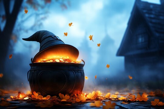 Mysterious witch hat over a cauldron filled with golden coins amidst autumn leaves at dusk
